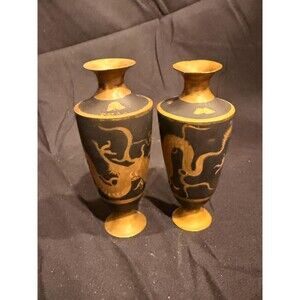 Vintage Japanese Dragon Vases Gilt Black Ceramic Pair Mid Century Decor